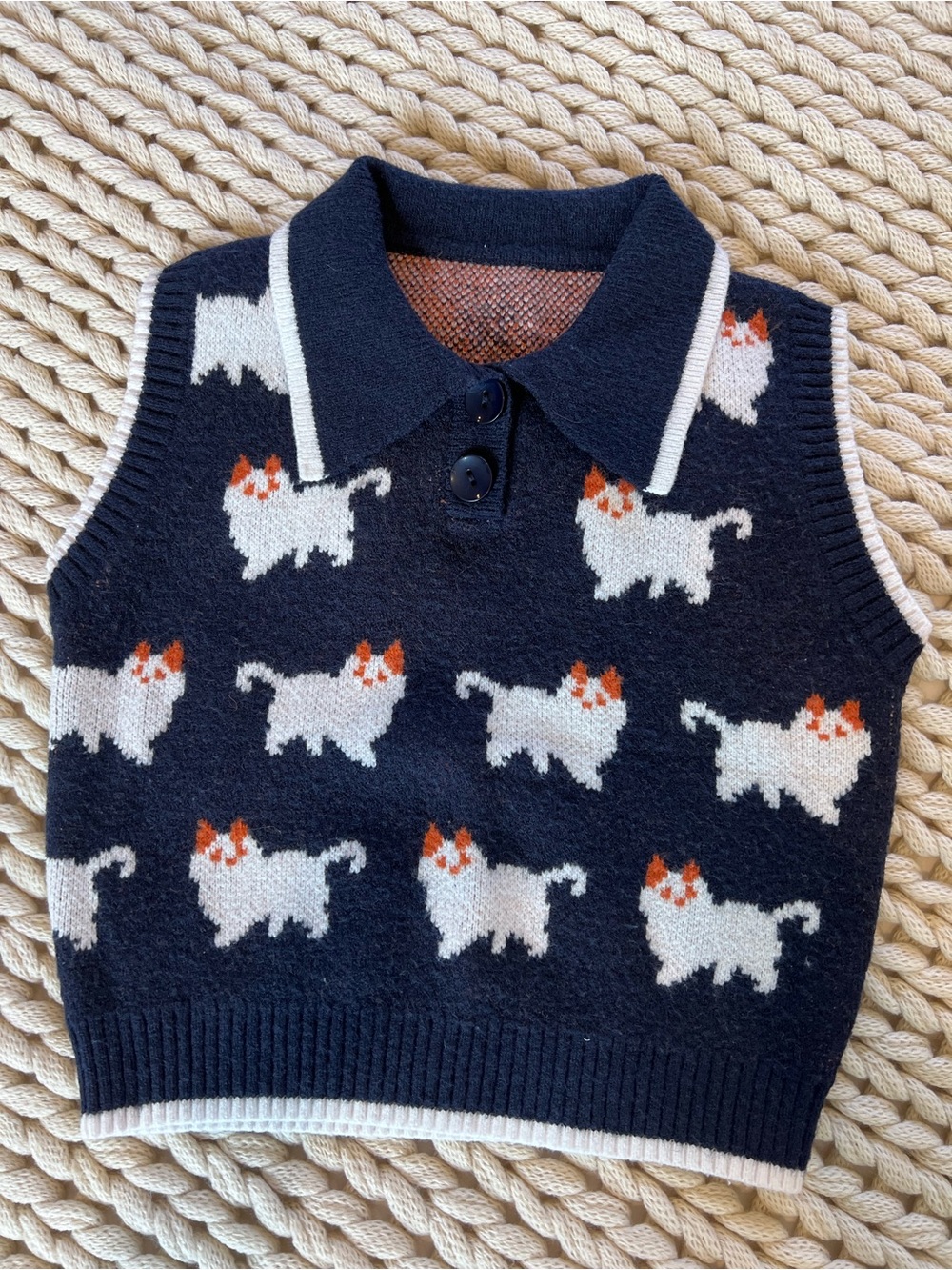 Cider Navy Cat Knit Collared Vest - White & Orange Cat Pattern